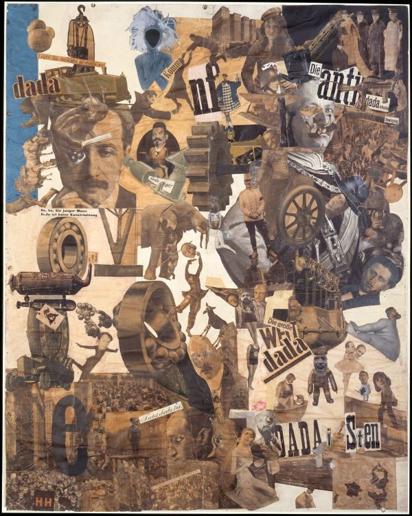 the work “cut with a kitchen knife dada through the last weimar beer belly cultural epoch of germany” (1919) by hannah höch.